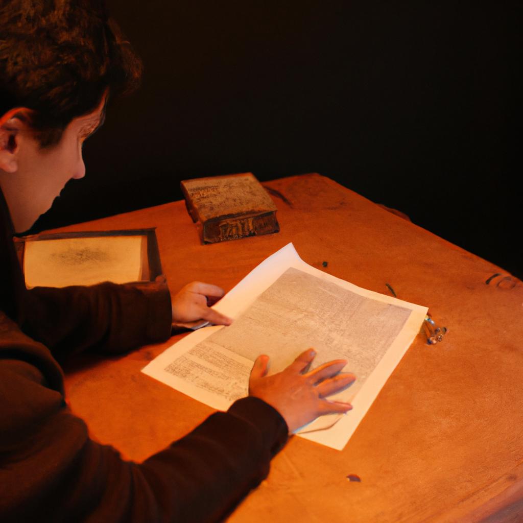 Person studying old documents critically
